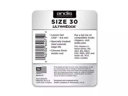 Andis plaukų kirpimo peiliukai UltraEdge Size 30, 1/50" - 0.5 mm