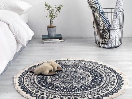 Apvalus boho stiliaus dekoratyvinis kilimas