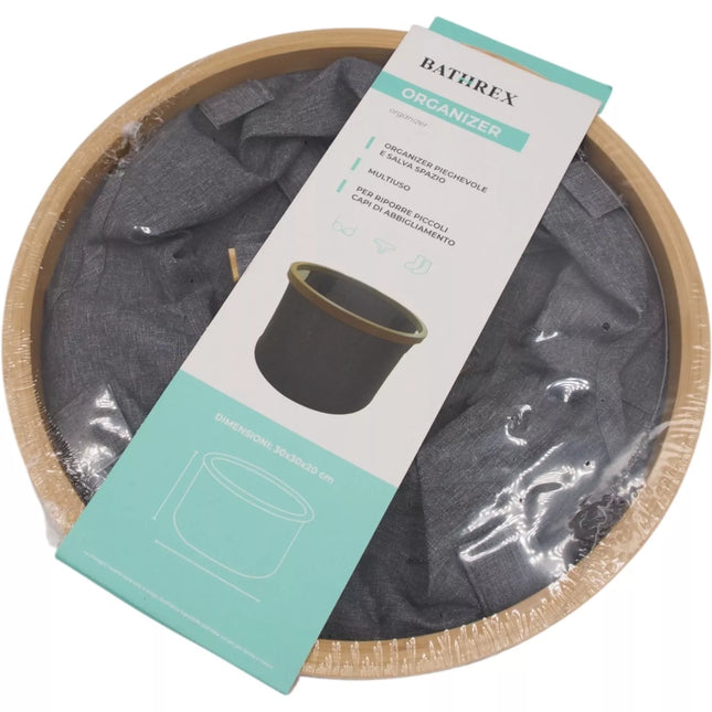 Apvalus sulankstomas daiktų krepšys BATHREX su bambuko rėmu, 30x30x20 cm