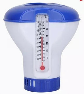 Pool float with chlorine dispenser and thermometer