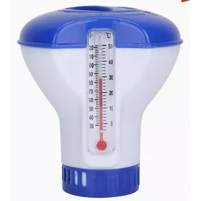 Pool float with chlorine dispenser and thermometer