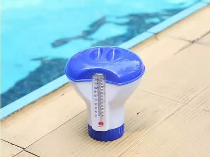 Pool float with chlorine dispenser and thermometer