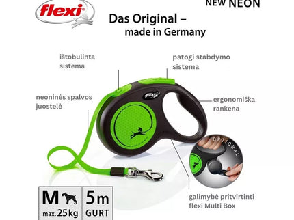 Flexi New Neon M Retractable Tape Leash, 5m, Green