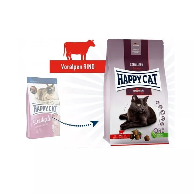 Happy Cat Complete Food for Sterilised Cats with Beef Sterilised Voralpen Rind, 300 g