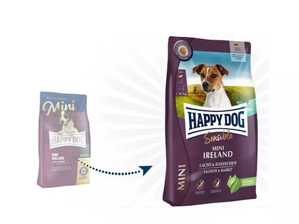 Happy Dog Mini Ireland visavertis pašaras mažų veislių suaugusiems šunims su triušiena ir lašiša, 800 g