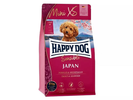 Happy Dog XS Mini Japan visavertis pašaras mažų veislių suaugusiems šunims su upėtakiais ir jūrų dumbliais, 300 g