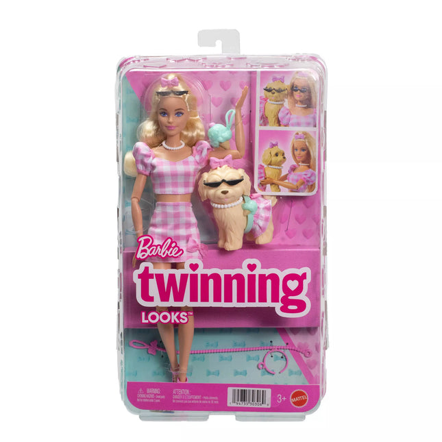 BARBIE TWINNING LOOKS Blonde Doll and Puppy Set (JFP36)