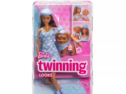 BARBIE TWINNING LOOKS Dark-Haired Doll and Puppy Set (JFP38)