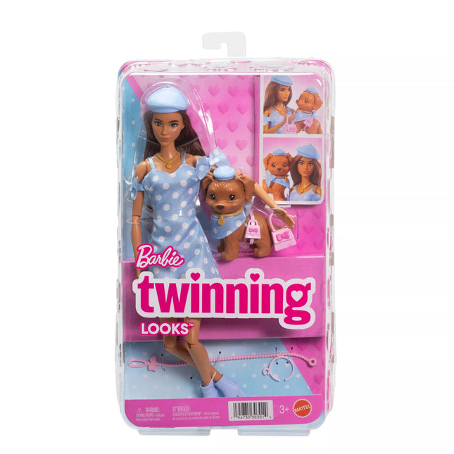 BARBIE TWINNING LOOKS Dark-Haired Doll and Puppy Set (JFP38)