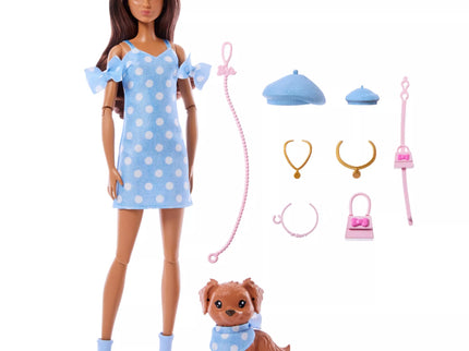 BARBIE TWINNING LOOKS Dark-Haired Doll and Puppy Set (JFP38)