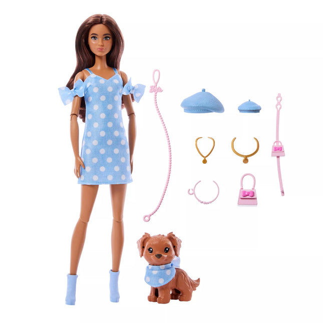 BARBIE TWINNING LOOKS Dark-Haired Doll and Puppy Set (JFP38)
