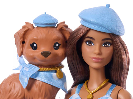 BARBIE TWINNING LOOKS Dark-Haired Doll and Puppy Set (JFP38)