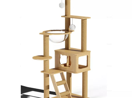 Kačių draskyklė–žaidimų medis su nameliu ir hamaku