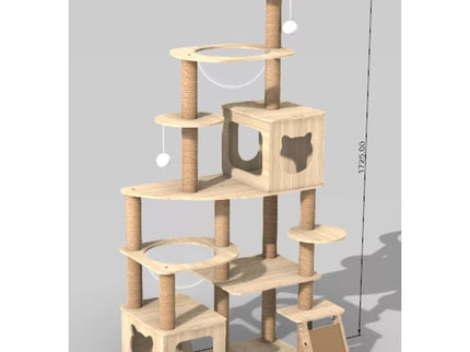 Didelė kačių draskyklė–žaidimų medis su nameliais ir hamakais