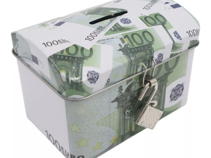 Metalinis taupyklės seifas su spynelė ir euro banknotų dizainu