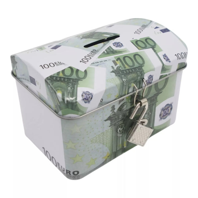 Metalinis taupyklės seifas su spynelė ir euro banknotų dizainu