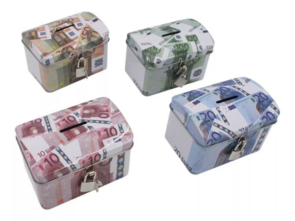 Metalinis taupyklės seifas su spynelė ir euro banknotų dizainu