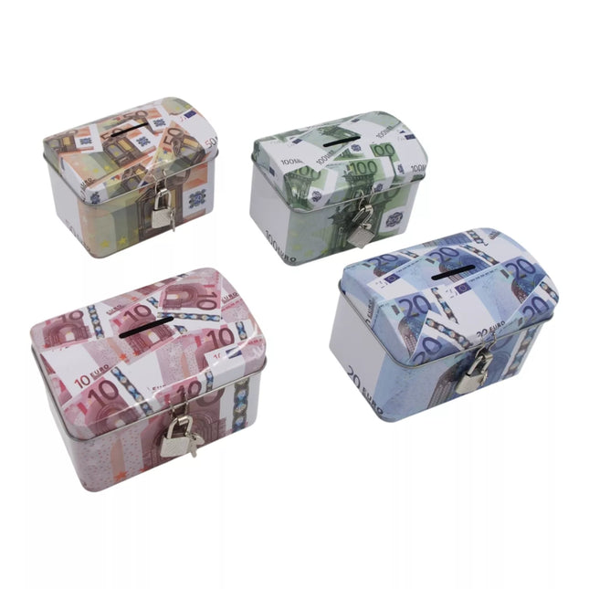 Metalinis taupyklės seifas su spynelė ir euro banknotų dizainu