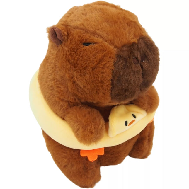 Minkštas pliušinis žaislas kapibara su geltonu plūduru