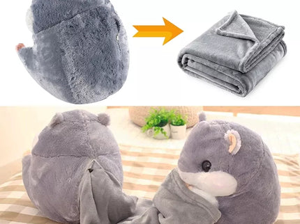 Minkštas pliušinis žiūrkėnas–pagalvėlė su paslėptu pledu