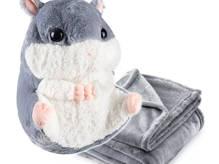 Minkštas pliušinis žiūrkėnas–pagalvėlė su paslėptu pledu