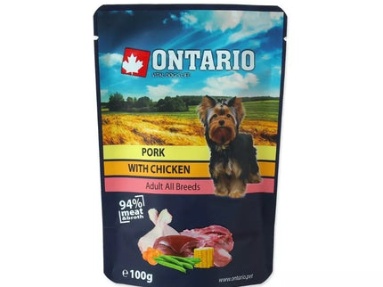 Ontario konservai šunims su kiauliena ir vištiena sultinyje, 100 g