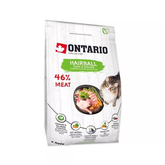 Ontario Cat Hairball Complete Food for Adult Cats, 0.4 kg