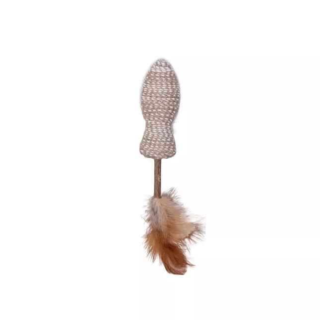 Cat toy mouse with matatabi stick and feathers, 4.5x8 cm