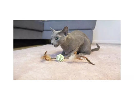 Žaislas katėms sizalinė pelytė su matatabi lazdele ir plunksna, 21 cm